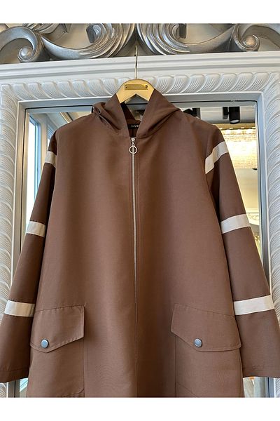 Invee Invee 6929 Model Brown Color Stripe Detailed Trench Coat