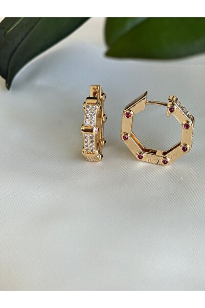 NKIE JEWELS Fuşya Küpe Boy Zirkon Küçük Taş Kenarları Taş Detaylı Serenay Geometrik