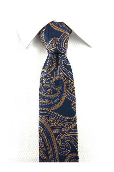 PİERRONİ Navy Blue Gold Shawl Patterned Handkerchief Tie