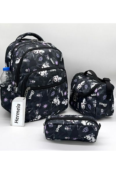 Bevitton Black Primary School Bag for Girl - Set of 3 with Character Pattern