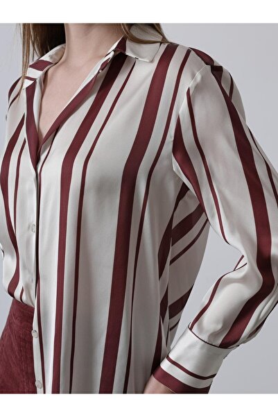 Reyon Kadın Bordo Çizgili Saten Gömlek