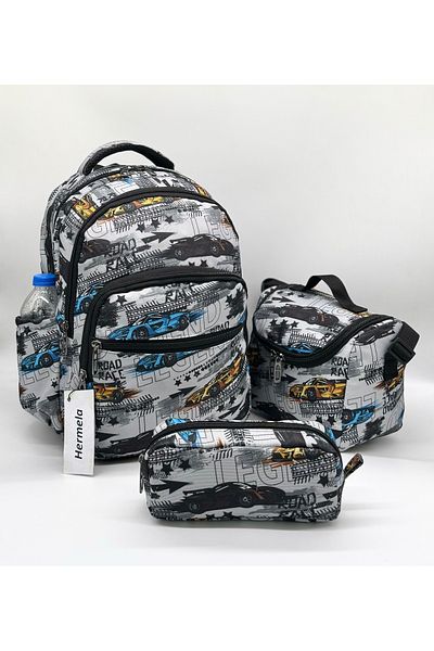 Bevitton Boy's Gray Primary School Bag - Set of 3 Car Patterned
