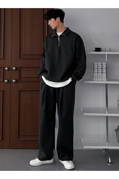DARK AND BRIGHT Unisex Relax Fit Comfortable Cut Cotton Fleece Inside Half Zip Black Stand Collar Sweatshirt