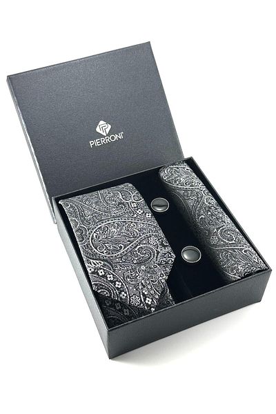 PİERRONİ Black Gray Shawl Patterned Tie Handkerchief Cufflinks Special Set