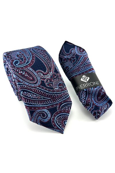 PİERRONİ Burgundy Blue Shawl Patterned Handkerchief Tie