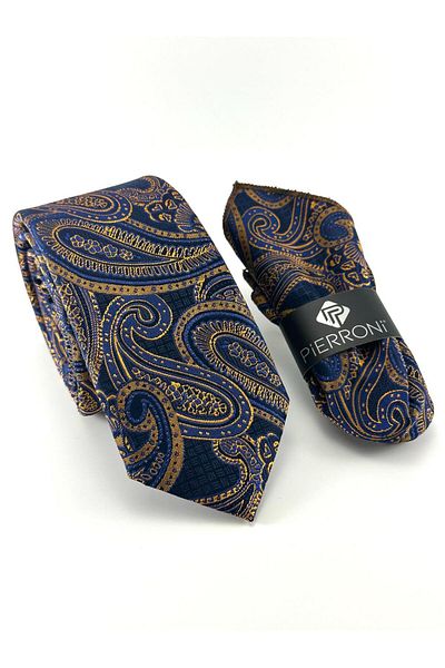 PİERRONİ Navy Blue Gold Shawl Patterned Handkerchief Tie