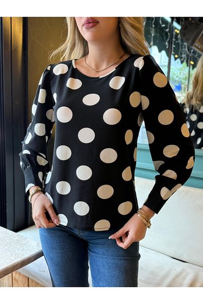 MODAVERA Women's Long Sleeve Crew Neck Sleeves Wide Cuffed Two Button Detail Crepe Blouse