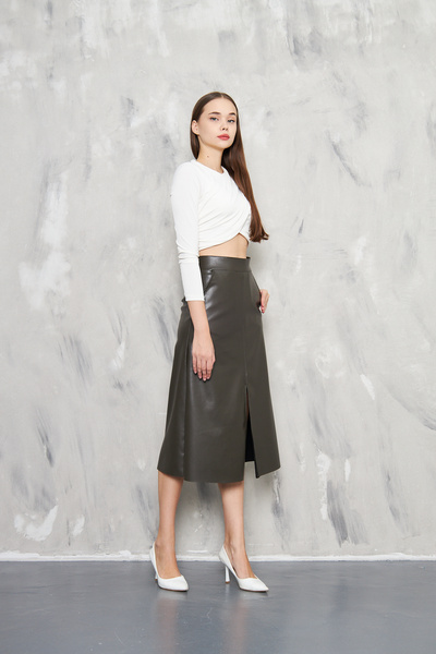 KİM Kİ O Women's Pu Leather Thin Slim with Pouch and Slip Zip Closure Skirt