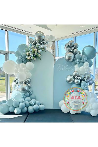 Ata Parti Dünyası Birthday Concept - Storm Blue, Chrome Silver and White 100 Pieces Balloon Chain Set