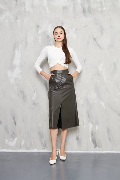 KİM Kİ O Women's Pu Leather Thin Slim with Pouch and Slip Zip Closure Skirt