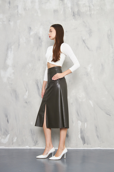 KİM Kİ O Women's Pu Leather Thin Slim with Pouch and Slip Zip Closure Skirt