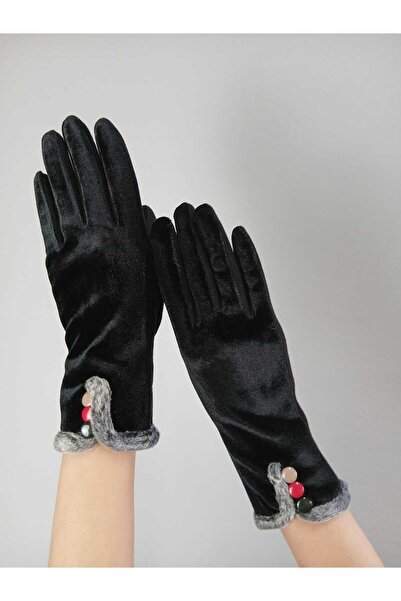 Gönülden Tasarım SİYAH KADİFE RENKLİ DÜĞMELİ KADIN ELDİVEN