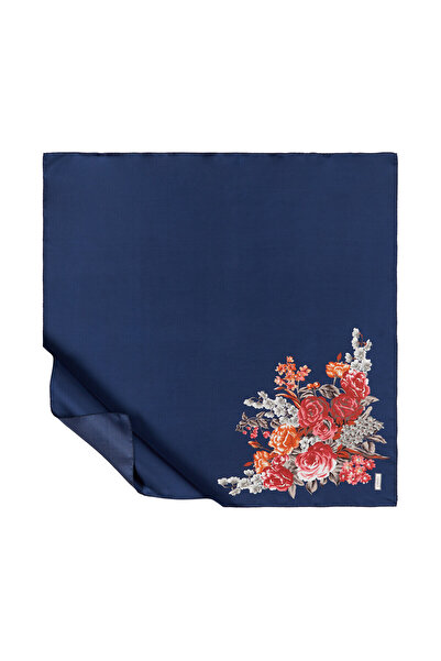 ipekevi وشاح حرير تويلي - منقوش بزخارف حديقة البلاط - أزرق داكن