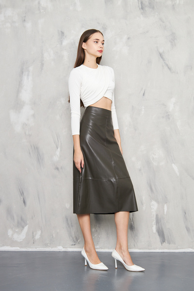 KİM Kİ O Women's Pu Leather Thin Slim Without Pouch Asymetric Cut Zip Closure Skirt