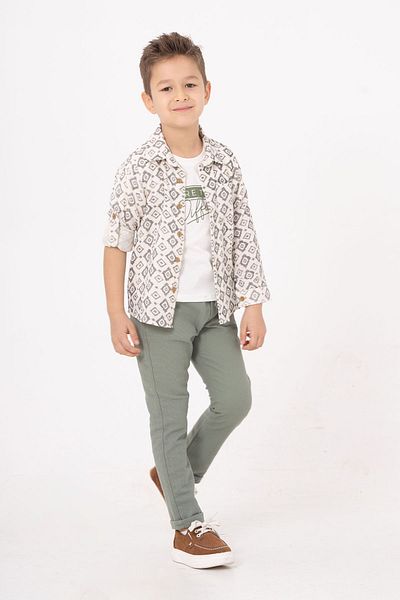 Minigimin Cicileri Boys' Set - Ethnic Patterned Muslin Cotton Shirt and Linen Pants, Green