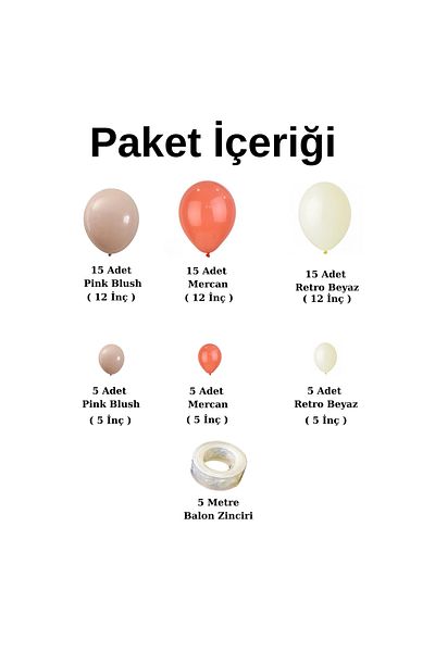 Ata Parti Dünyası Retro White and Pink Blush Coral Balloon Chain Birthday Party Set - 60 pcs