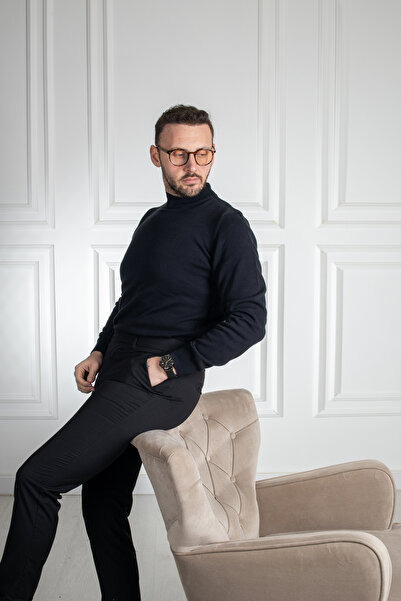 Sarar İnterview Sarar Yarım Balıkçı Yaka %100 Pamuk Siyah Triko Kazak