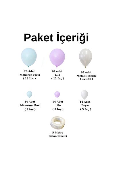 Ata Parti Dünyası Birthday Concept - *Lilac*Macaron Blue, *Metallic White*, 100-Piece Balloon Chain Party Set