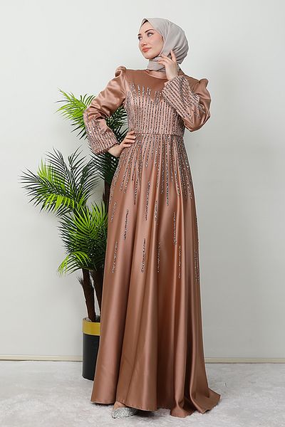 GİZ AGİYİM Aysu Light Mink Hijab Evening Dress with Stone Detail