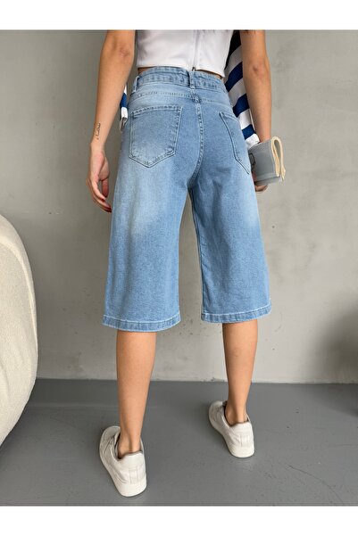 alanora Kadın Efektli Yüksek Bel Diz Altı Baggy Bermuda Denim Şort