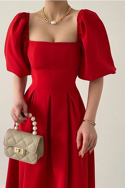 WOMAN VISION Rochie de seară roșie 167 pentru femei, țesătură Atlas, decolteu fără bretele, pliat, decupaj evazat, lungime midi, mâneci scurte cu baloane