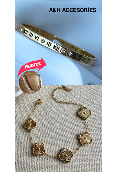Meyras Touch 2 Li Gold Ve Roma Rakamlı Kartier Kelepçe (Su Yolu Bileklik Hedi...