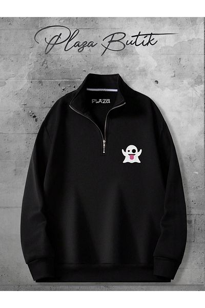 Plaza Butik Unisex Relaxed Fit Oversize Cotton Fleece Half Zipper Stand Collar Ghost Emoji Sweatshirt