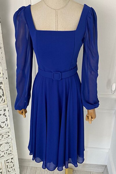 gesmoda G0265 Kare Yaka Kemerli Şifon Elbise Mavi