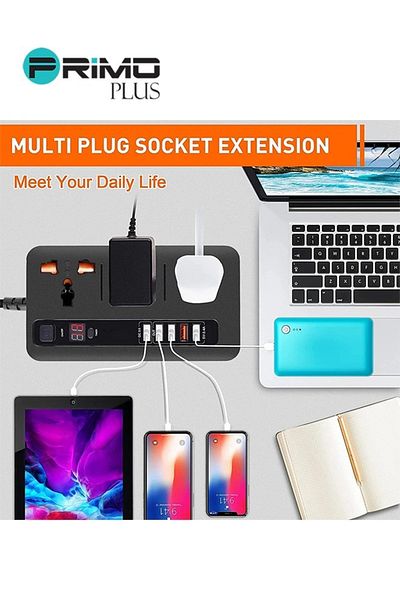 Primo Plus Self-timer electrical outlet with 3 AC outlets and 5 black USB ports that support fast charging