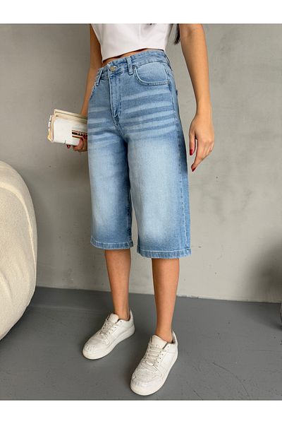 alanora Bermude din denim pentru femei cu talie înaltă - cu efect și largi sub genunchi
