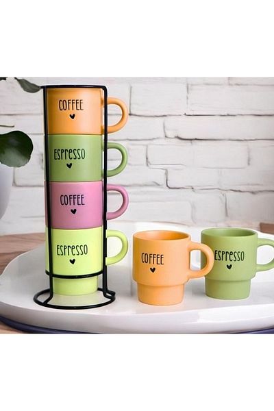 Tutku 4 Color Mug Set with Stand