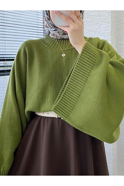 MELEK ARAZ Kadın Yeşil Yarasa Kol Kazak