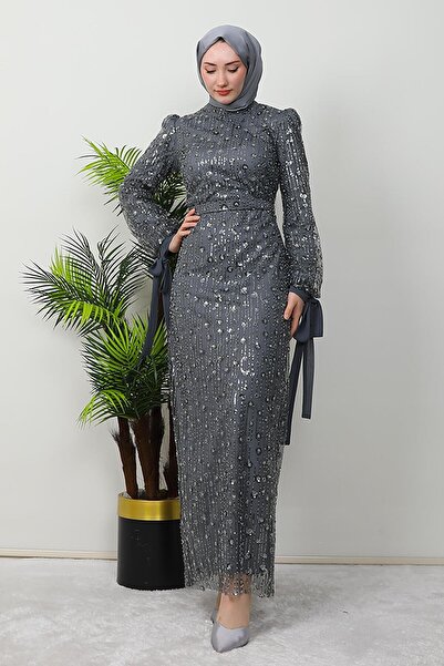 GİZ AGİYİM Βραδινό φόρεμα από τούλι με μοτίβο σε σκούρο γκρι