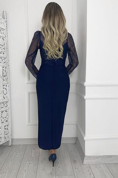 gesmoda G0392 Φόρεμα με μακρυμάνικο ασημί σχέδιο Navy Blue