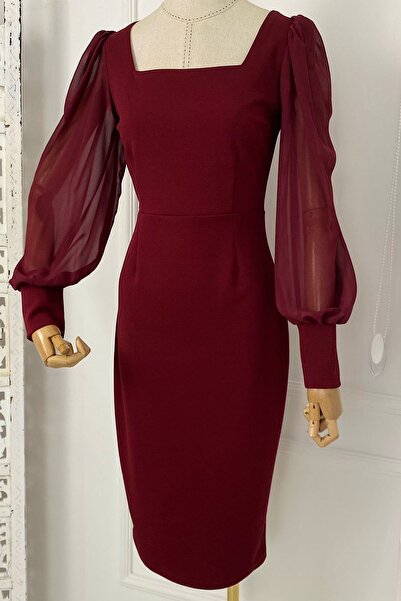 gesmoda M1990 Square Neck Chiffon Sleeve Dress Claret Red