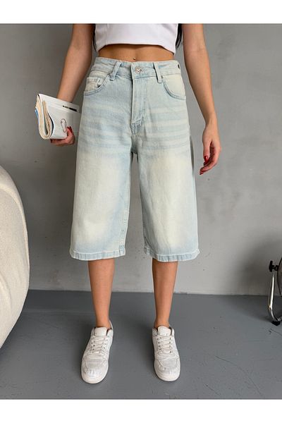 alanora High Waist Women's Denim Bermuda Shorts - Baggy with Effects and Below the Knee