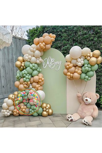 Ata Parti Dünyası Birthday Concept - Milk Coffee, Winter Green, Retro White 60 Pieces Balloon Chain Party Set