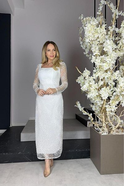 gesmoda G0882 Square Collar Glitter Midi Length Evening Dress White