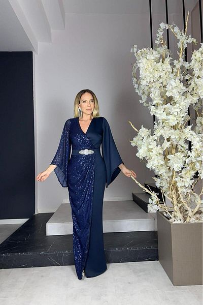 gesmoda Rochie de seara cu paiete model G0848 albastru bleumarin