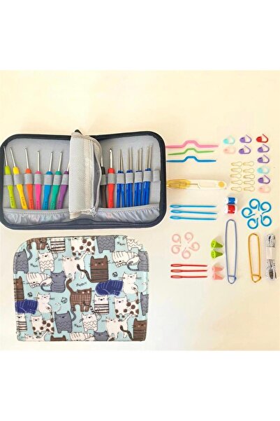 yumakça Örgü Tığ Seti ve Örgü Malzemeleri Seti | Mavi Kedi Desenli Çantalı Ze...