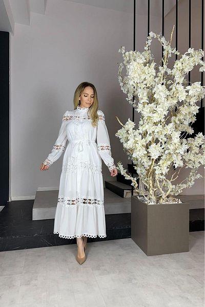gesmoda G0958 Lace Detailed Design Shirt Dress is Loose Fit, Size 46, White