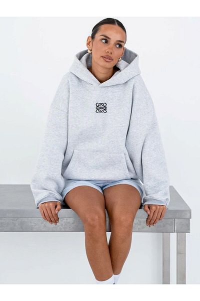 GIA - ART Gray Melange Unisex High Printed Hooded Kangaroo Pocket Oversize Hoodie