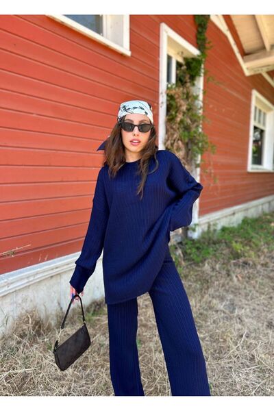 NZL TEKSTİL بدلة تريكو نسائية ذات ياقة دائرية ومضفرة للشعر