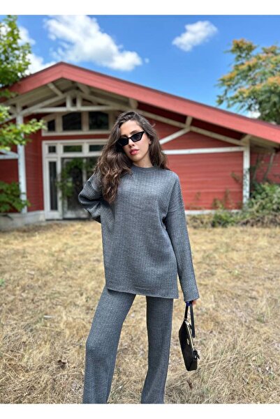 NZL TEKSTİL بدلة تريكو نسائية ذات ياقة دائرية ومضفرة للشعر