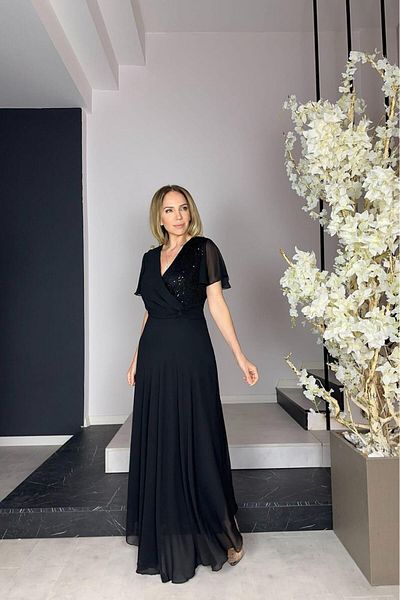 gesmoda G0931 Sequin Detailed Chiffon Evening Dress Black