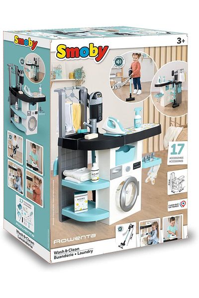 Smoby Rowenta Washing Room Vacuum Cleaner and Washing Machine Electronic Functions 17 Pieces