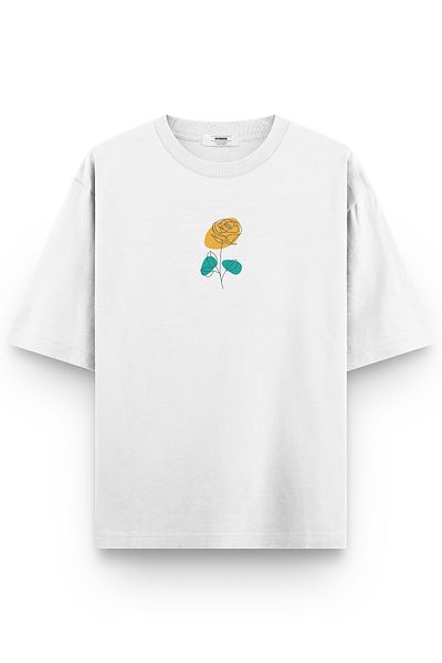 Overoz White Oversize Minimal Rose Printed Oversize Unisex T-Shirt 1336