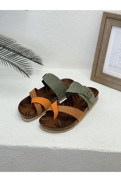 NUR KARACA 24Y-175-01 GENUINE LEATHER ORTHOPEDIC SLIPPERS WITH FINGER BUCKLE