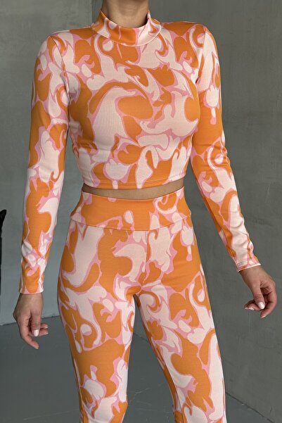 MODAGEN Women's Half Turtleneck Long Sleeve Print Bottom-Top Trousers Set