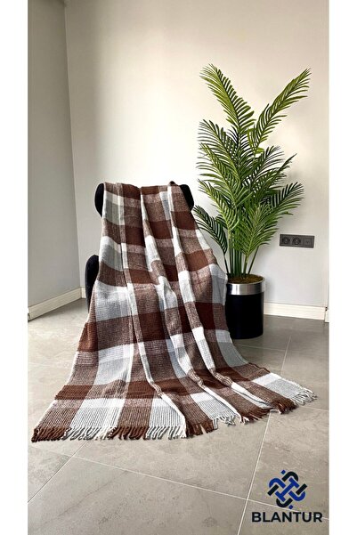 BLANTUR Pamuklu Ekose Saçaklı Battaniye Tek Kişilik Kahverengi